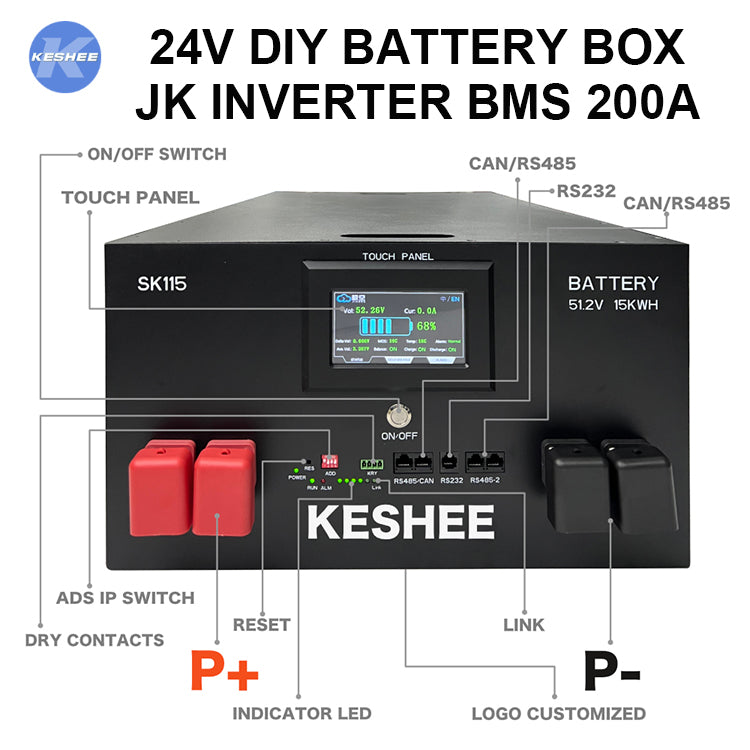 KESHEE 8S2P 24V 560Ah LiFePO4 Battery Box with JK 200A Inverter BMS 2A Active Balance