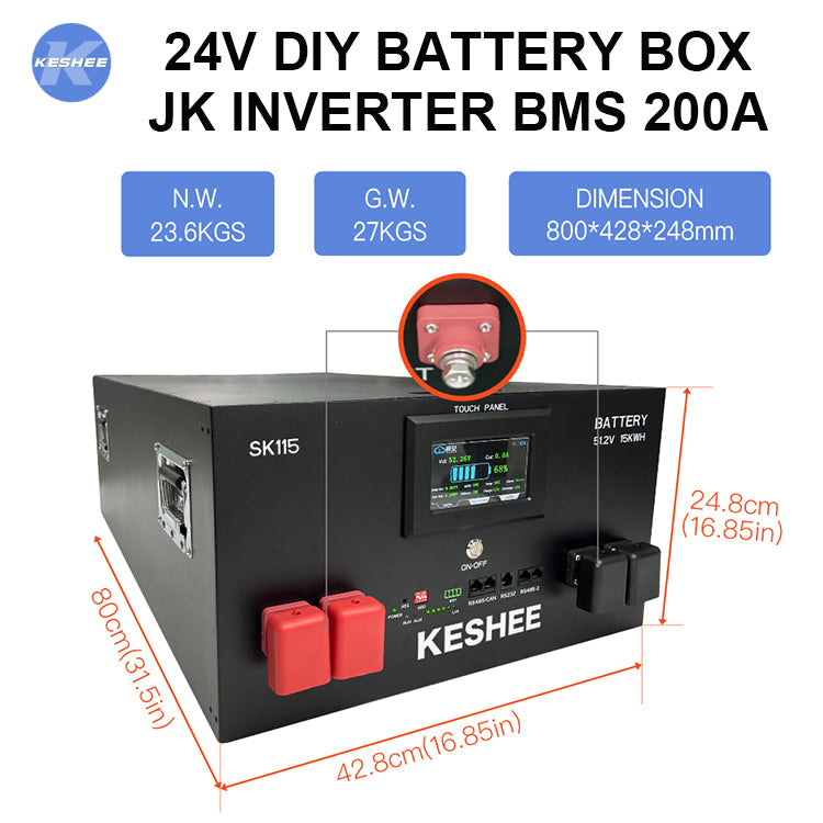 KESHEE 8S2P 24V 560Ah LiFePO4 Battery Box with JK 200A Inverter BMS 2A Active Balance