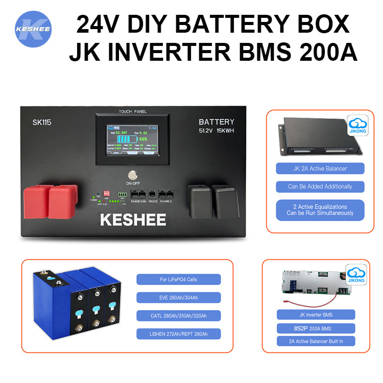 KESHEE 8S2P 24V 560Ah LiFePO4 Battery Box with JK 200A Inverter BMS 2A Active Balance