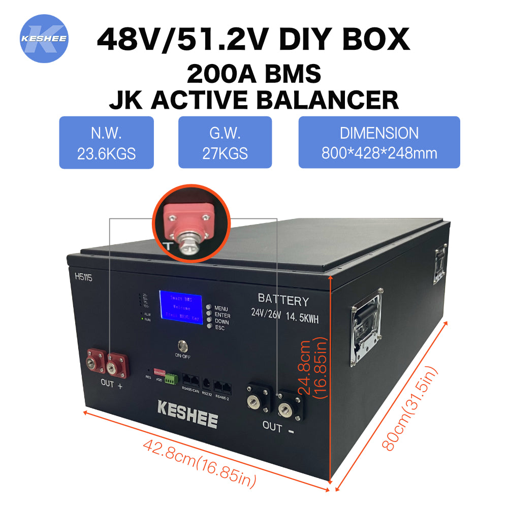 KESHEE 48V 51.2V LiFePO4 DIY Battery Box 16S 200A  with JK 2A Active Balancer