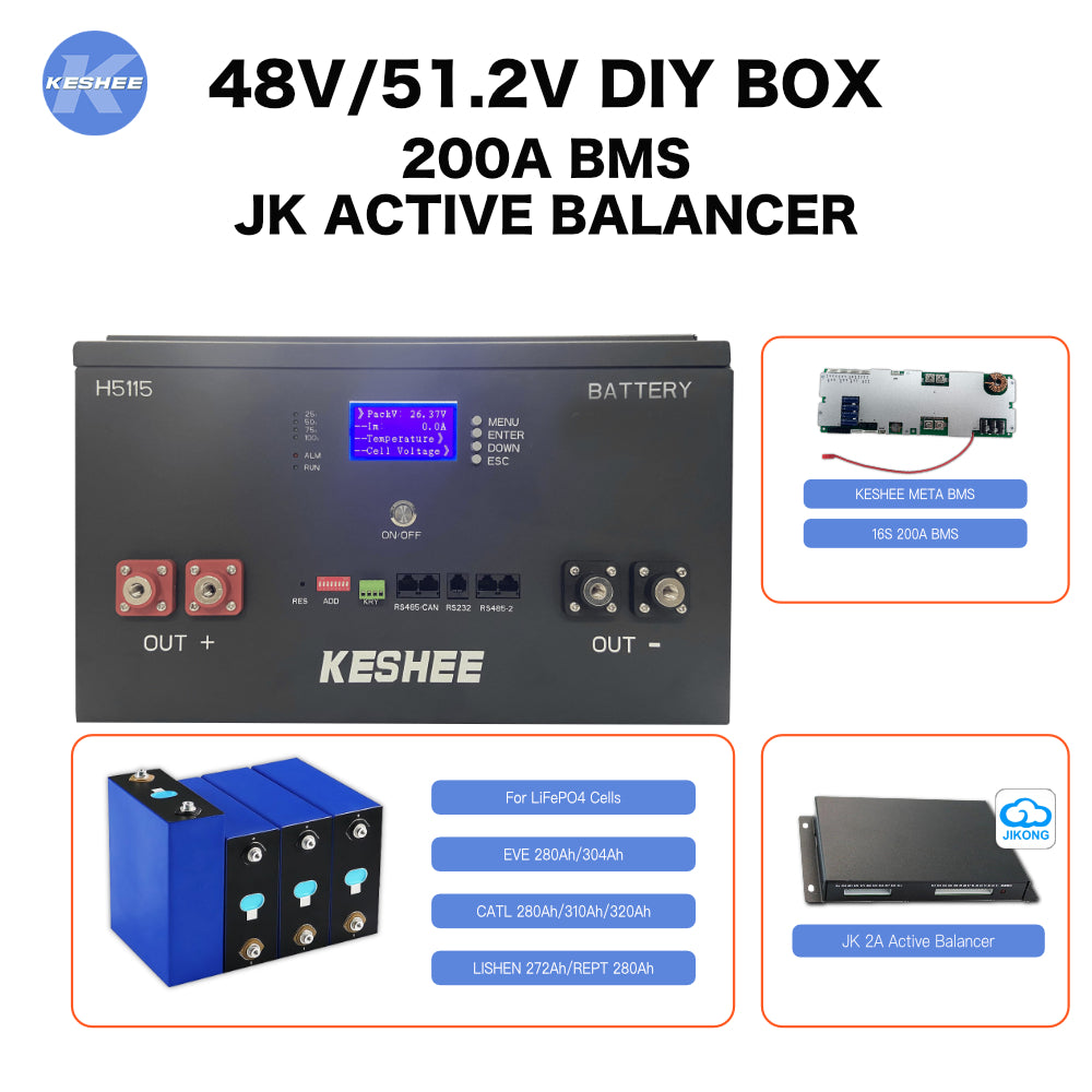 KESHEE 48V 51.2V LiFePO4 DIY Battery Box 16S 200A  with JK 2A Active Balancer