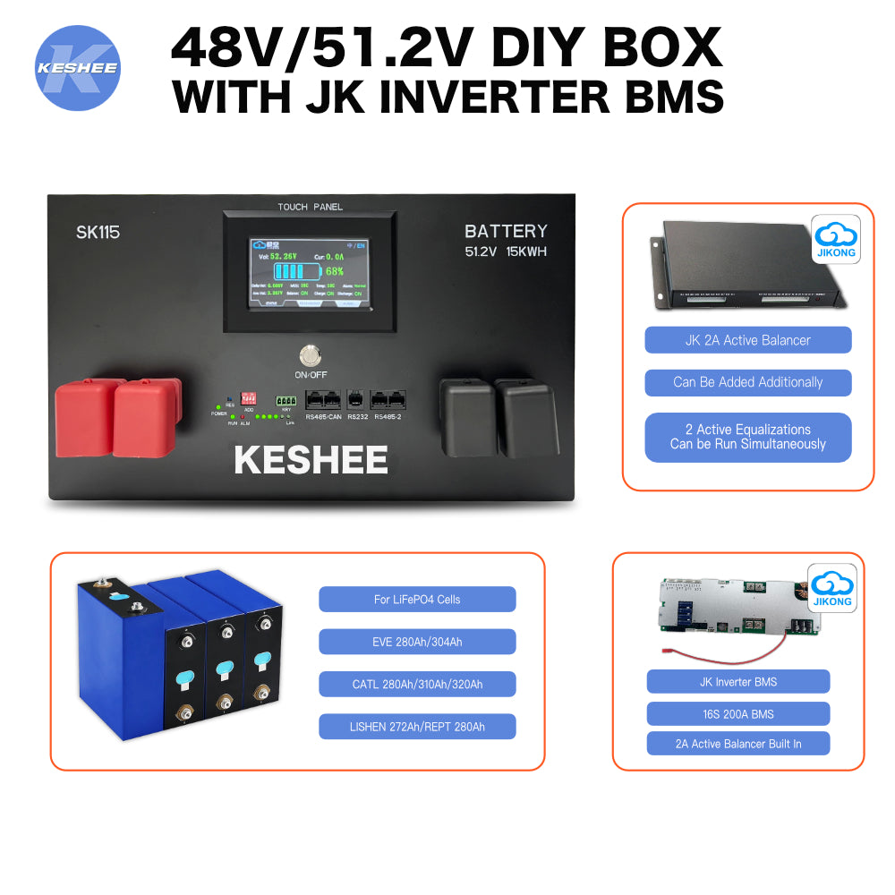 KESHEE 48V 51.2V LiFePO4 DIY Battery Box 16S 200A  JK Inverter BMS 2A Active Balancer